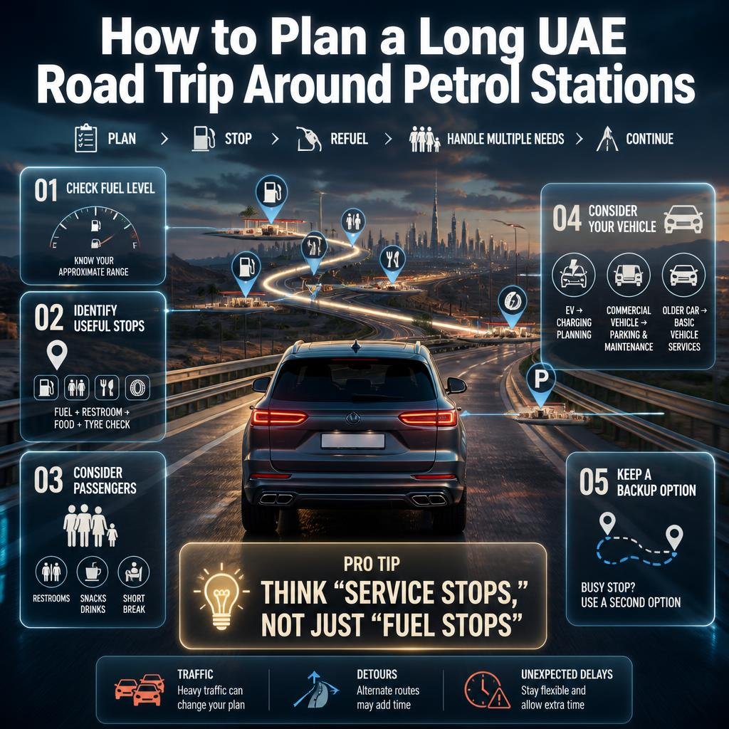 Long UAE road trip planning with petrol stations, fuel checks, passenger needs, vehicle services and backup stops