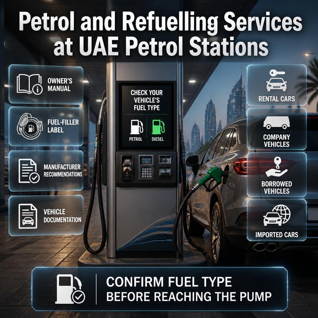 UAE petrol station fuel and refuelling services with petrol, diesel pumps and guidance for choosing the correct vehicle fuel