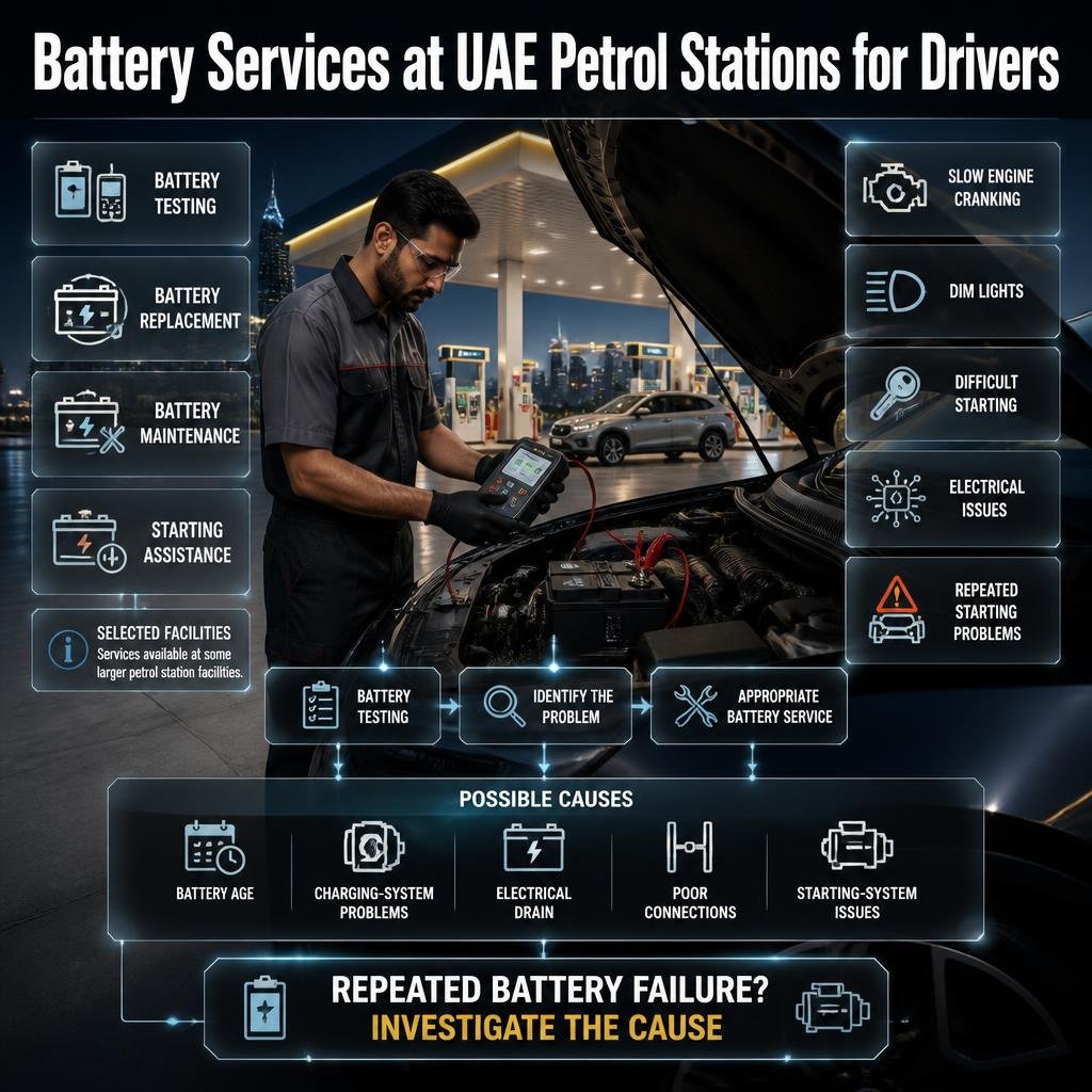 UAE petrol station battery services showing battery testing, replacement, maintenance and warning signs of a weak car battery