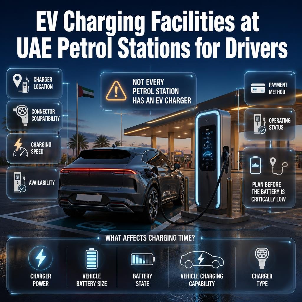 EV charging facilities at UAE petrol stations with charger compatibility, speed, availability, payment and planning guidance