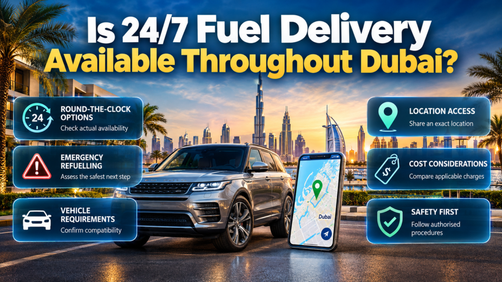 24/7 Fuel Delivery Dubai infographic showing location coverage, emergency refuelling considerations, vehicle requirements, access restrictions, and safety guidance.