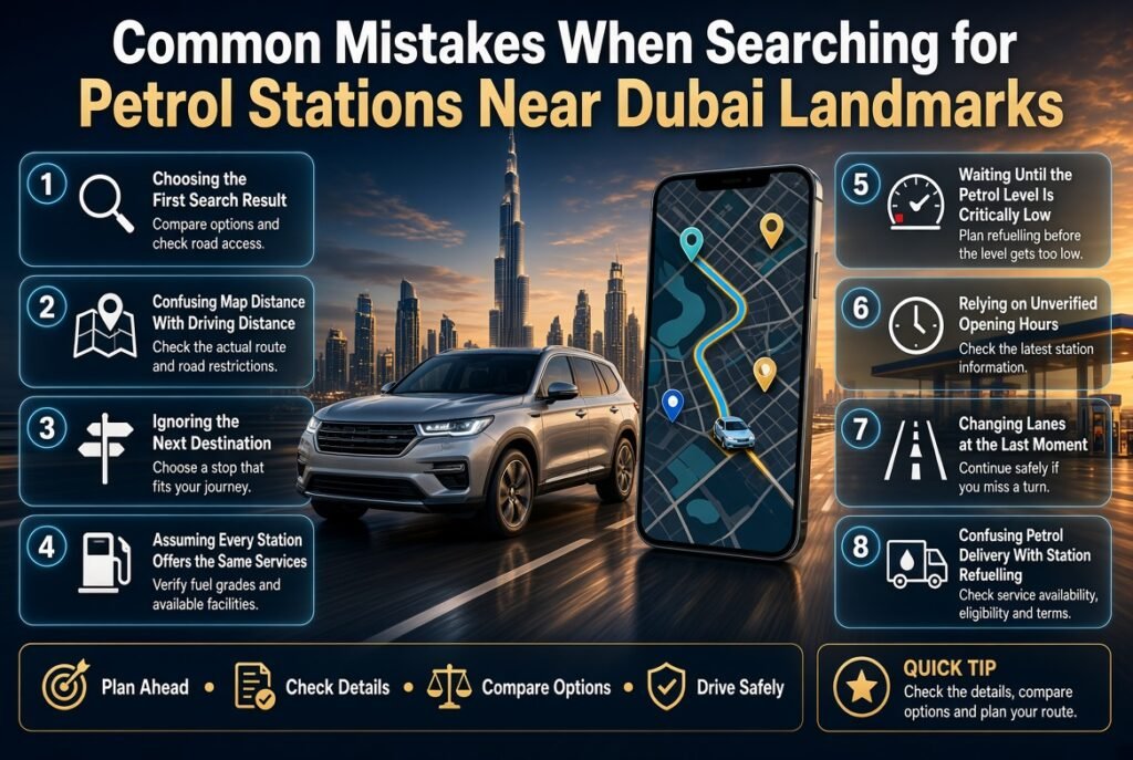 Common mistakes when finding petrol stations near Dubai landmarks, including route distance, station hours, fuel availability, and unsafe last-minute turns.