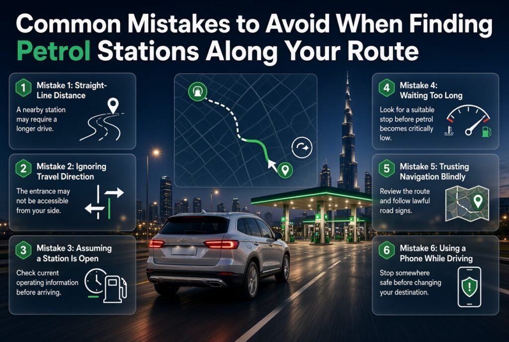 Common petrol station navigation mistakes in Dubai, including wrong turns, closed stations, route detours, low petrol, and distracted driving.