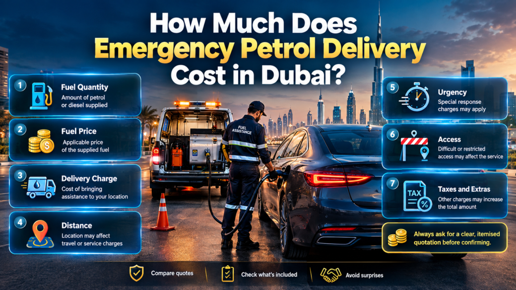 Emergency petrol delivery cost in Dubai infographic showing fuel quantity, delivery fees, distance, urgency, access, and additional charges.