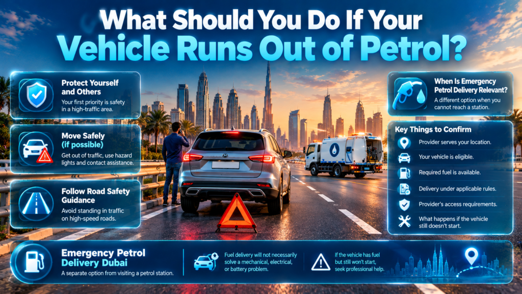 What to do when your vehicle runs out of petrol in Dubai, including roadside safety, emergency petrol delivery options, and assistance.