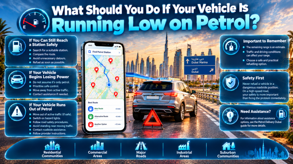 What to do when your vehicle is running low on petrol in Dubai, including safe refuelling, nearby station searches, and roadside assistance.