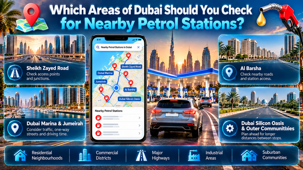 Nearby petrol stations in Dubai guide featuring Sheikh Zayed Road, Dubai Marina, Jumeirah, Al Barsha, and Dubai Silicon Oasis.
