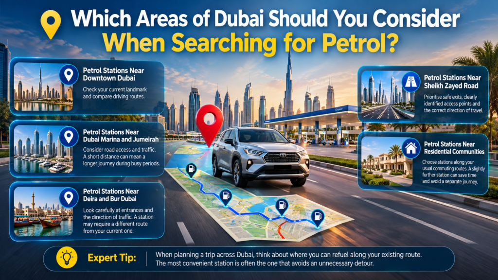 Dubai petrol station location guide showing Downtown Dubai, Dubai Marina, Jumeirah, Deira, Bur Dubai, Sheikh Zayed Road, and residential communities.