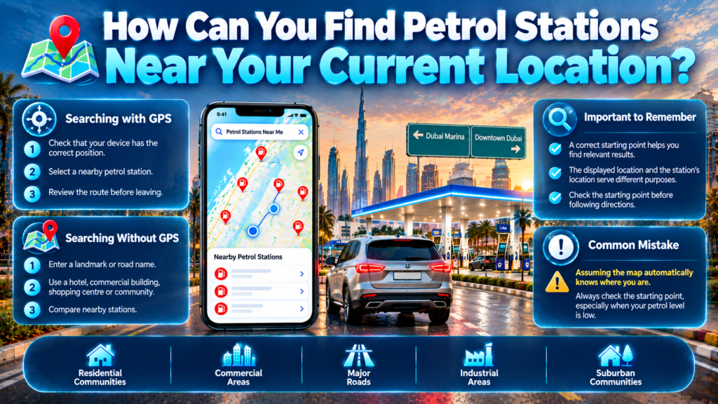 Find petrol stations near your current location in Dubai using GPS navigation, manual landmark searches, nearby station maps, and route checks.