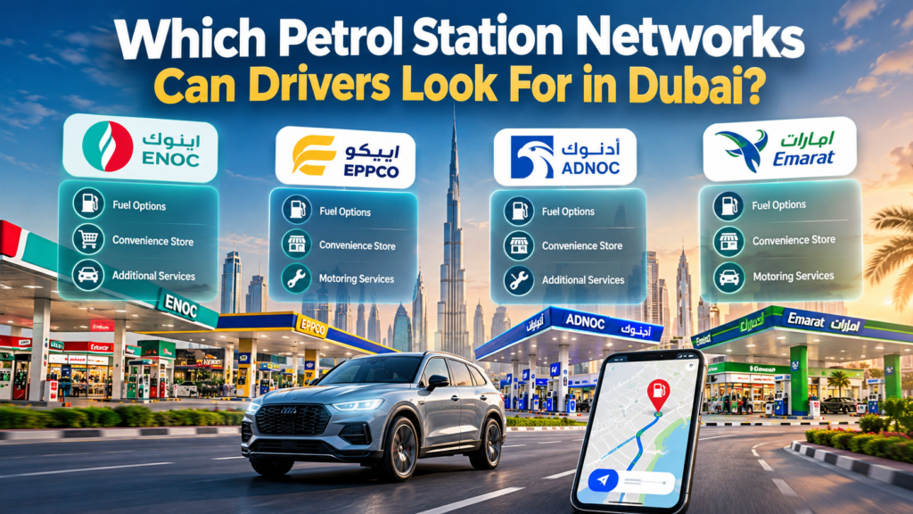 Dubai petrol station networks including ENOC, EPPCO, ADNOC, and Emarat, with a modern SUV, city skyline, and petrol station locations.