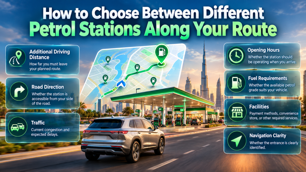 How to choose between different petrol stations along your route in Dubai by comparing traffic, road access, detour distance, and facilities.