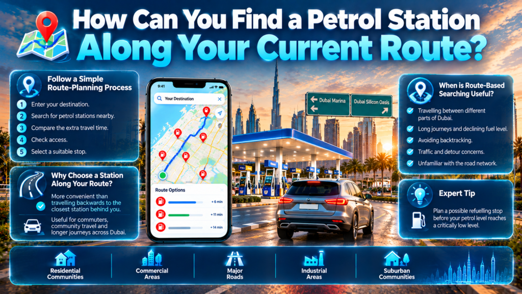 Find a petrol station along your current route in Dubai using navigation maps, comparing detours, checking road access, and planning fuel stops.