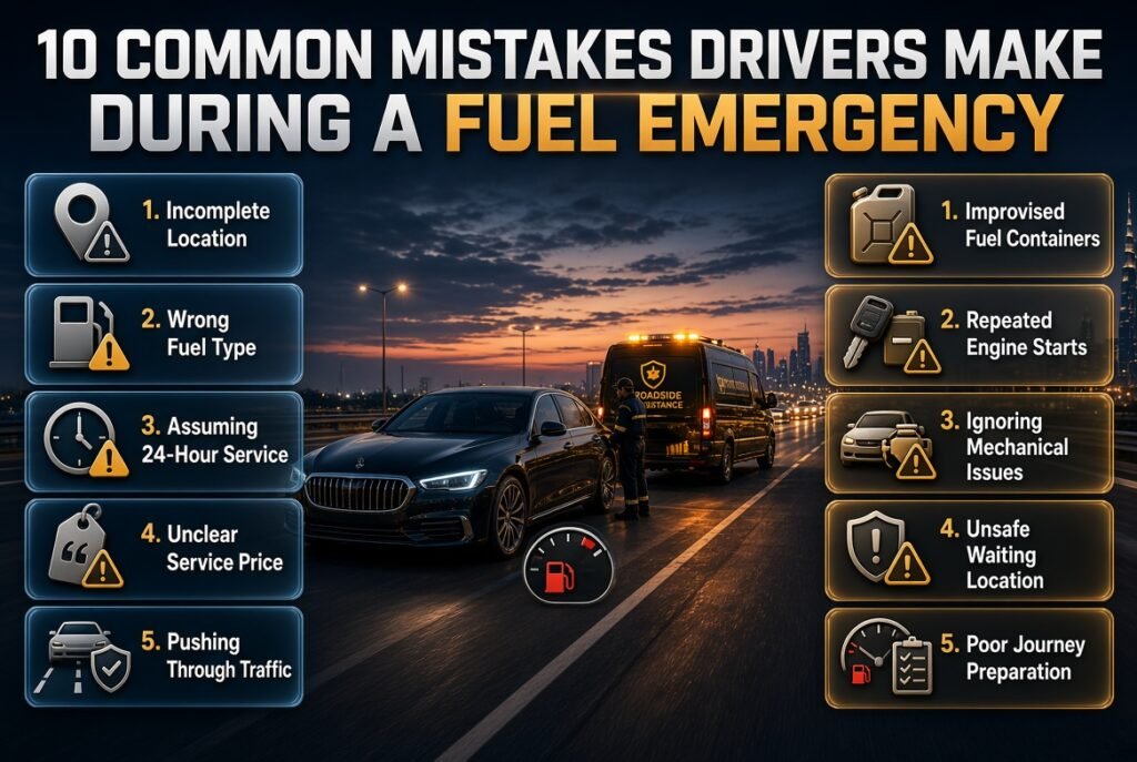 10 common fuel emergency mistakes drivers make, including unsafe vehicle movement, wrong fuel, unclear prices, and poor roadside safety.
