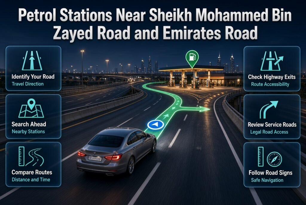 Find petrol stations near Sheikh Mohammed Bin Zayed Road and Emirates Road in Dubai using GPS navigation and safe highway exits.