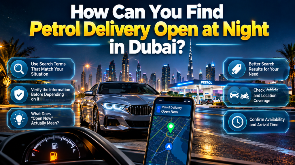 Find petrol delivery open at night in Dubai with a nighttime car, smartphone navigation, petrol station, and availability verification tips.