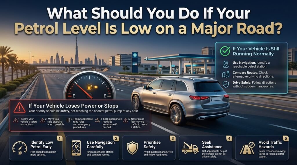 What to do when petrol is low on a major road in Dubai, including safe navigation, finding a petrol station, and roadside assistance.