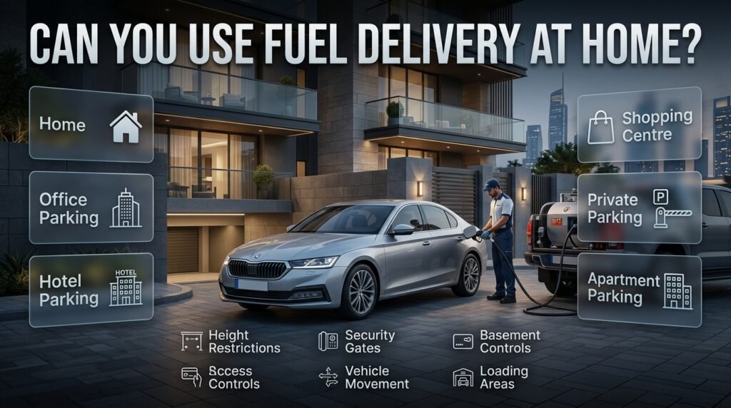 Fuel delivery at home, apartment, office, hotel, and private parking areas with access, security, height, and parking restrictions.