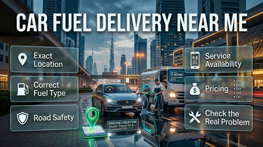 Precise location guidance for car fuel delivery near me, showing a map pin, road, landmark, and accurate roadside position in Dubai.