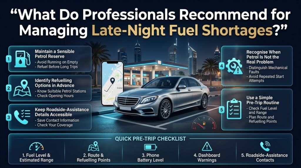Managing late-night petrol shortages in Dubai with a car, fuel gauge, petrol station, route planning, roadside assistance, and safety checklist.