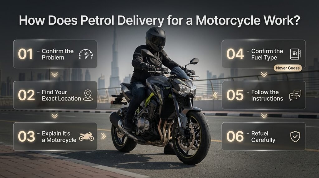 Motorcycle petrol delivery process showing fuel problem confirmation, exact location, vehicle details, fuel type verification, and safe refuelling