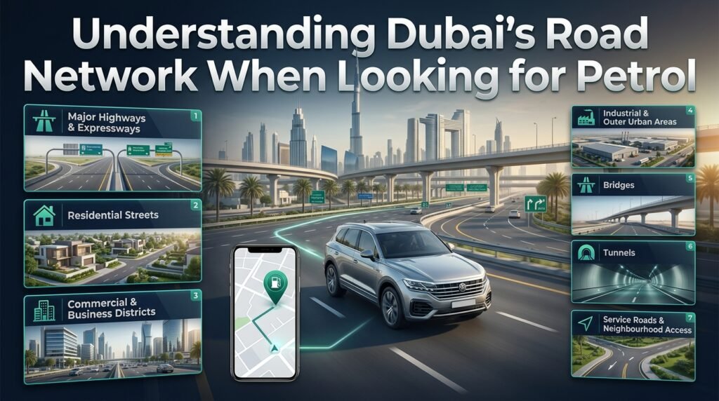 Dubai road network infographic showing major highways, residential streets, business districts, industrial areas, and petrol station navigation.