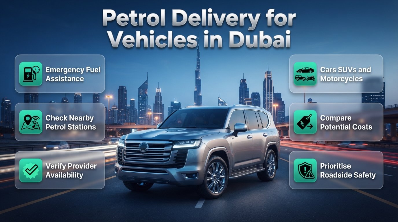 Petrol delivery for vehicles in Dubai featuring a modern car, emergency fuel assistance, roadside safety, and vehicle refuelling options. Petrol Delivery for Vehicles in Dubai – Emergency Fuel Guide