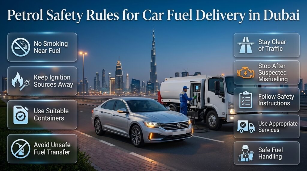 Petrol safety rules for car fuel delivery in Dubai, including ignition control, safe handling, traffic awareness and authorised services.