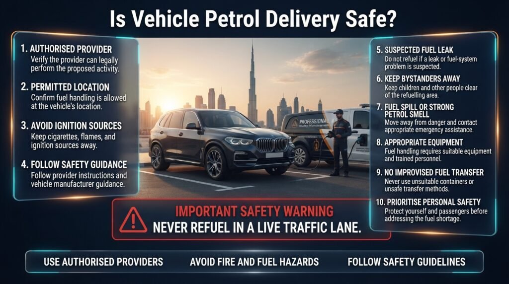Vehicle petrol delivery safety Dubai infographic showing safe refuelling, authorised providers, fire prevention, fuel leak precautions, and roadside safety.