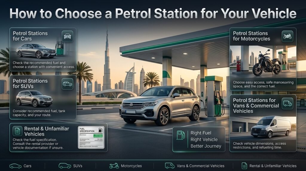Dubai petrol station infographic showing cars, SUVs, motorcycles, vans, and rental vehicles with guidance on fuel choice and refuelling safety.