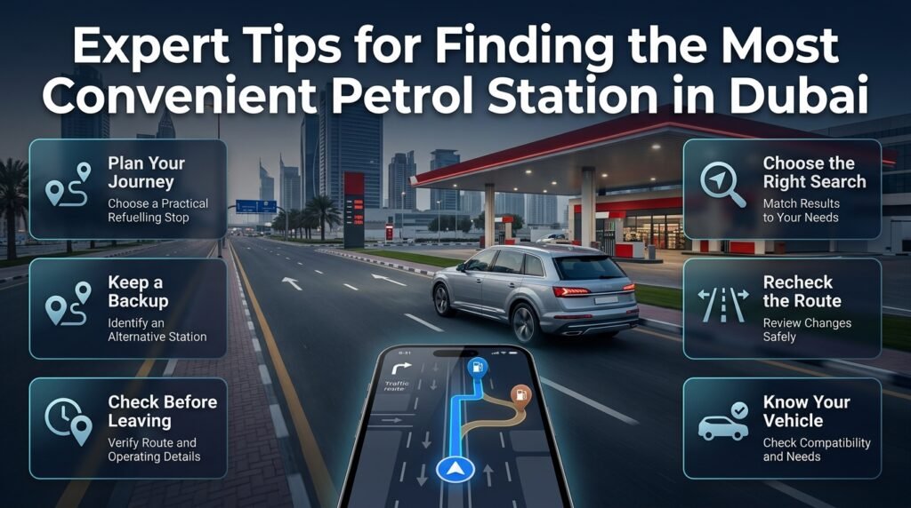Expert tips for finding a convenient petrol station in Dubai using route planning, backup stations, opening hours, traffic updates, and vehicle needs.