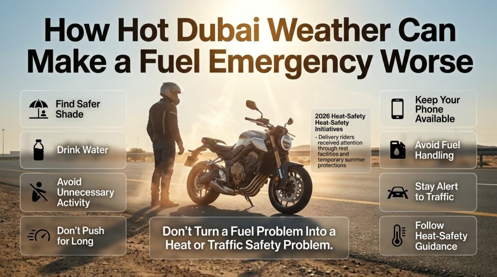 Motorcycle rider stranded in hot Dubai weather, seeking shade, drinking water, avoiding exertion, and staying alert to traffic
