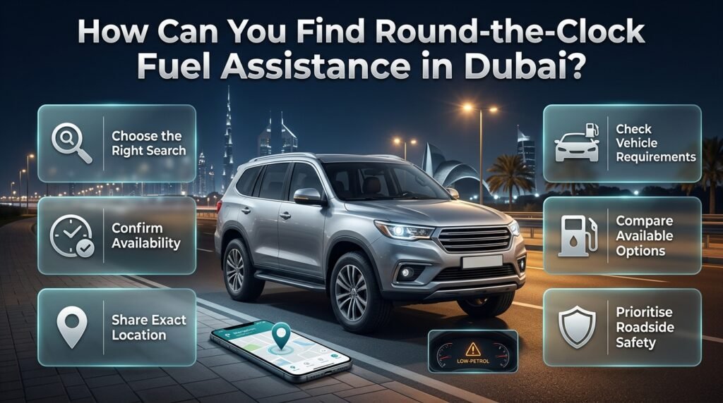 How to find round-the-clock fuel assistance in Dubai, with a car, smartphone map, provider availability checks, location planning, and petrol station alternatives.