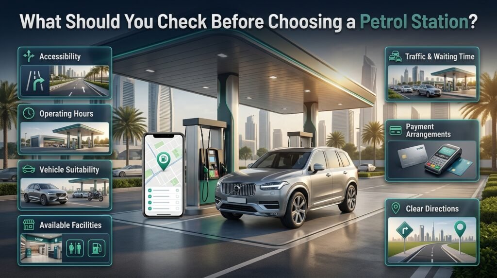 Dubai petrol station infographic highlighting accessibility, operating hours, vehicle suitability, facilities, traffic, payment options, and directions.