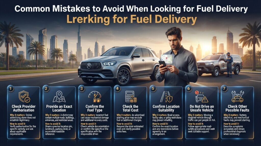 Seven common fuel delivery mistakes in Dubai, including unauthorised providers, incorrect fuel types, incomplete locations, hidden charges, and unsafe driving.