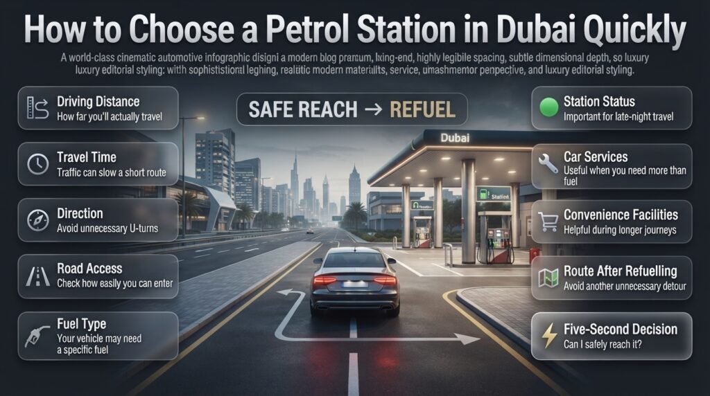 Dubai petrol station selection guide showing distance, travel time, road access, fuel type, services, and route planning factors