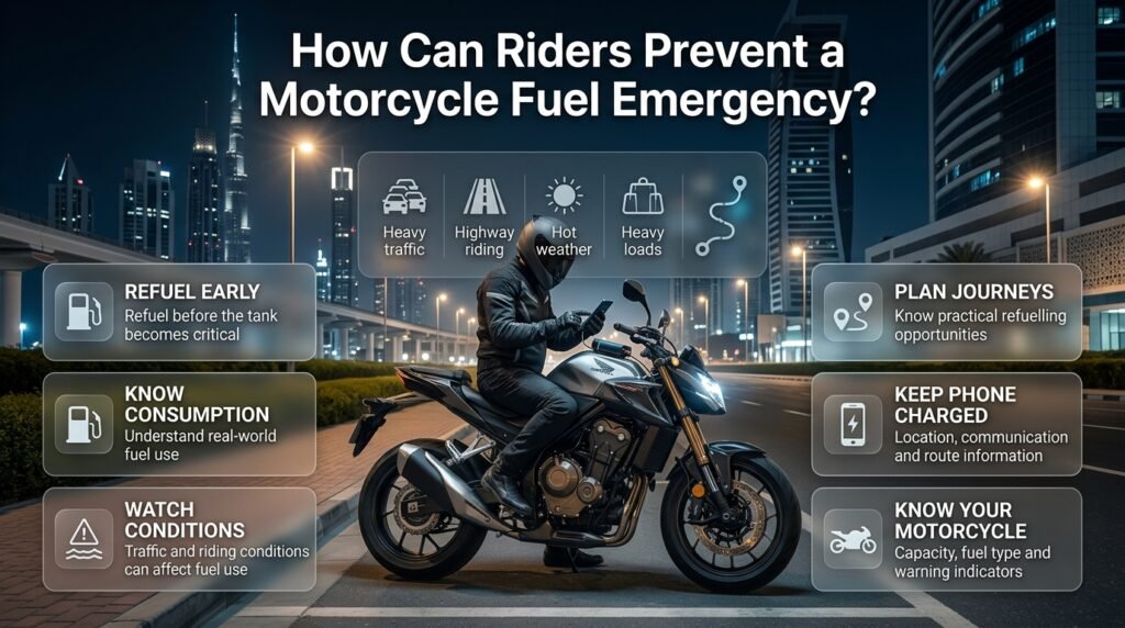 Prevent motorcycle fuel emergencies in Dubai with practical refuelling, journey planning, phone charging, and fuel-awareness tips