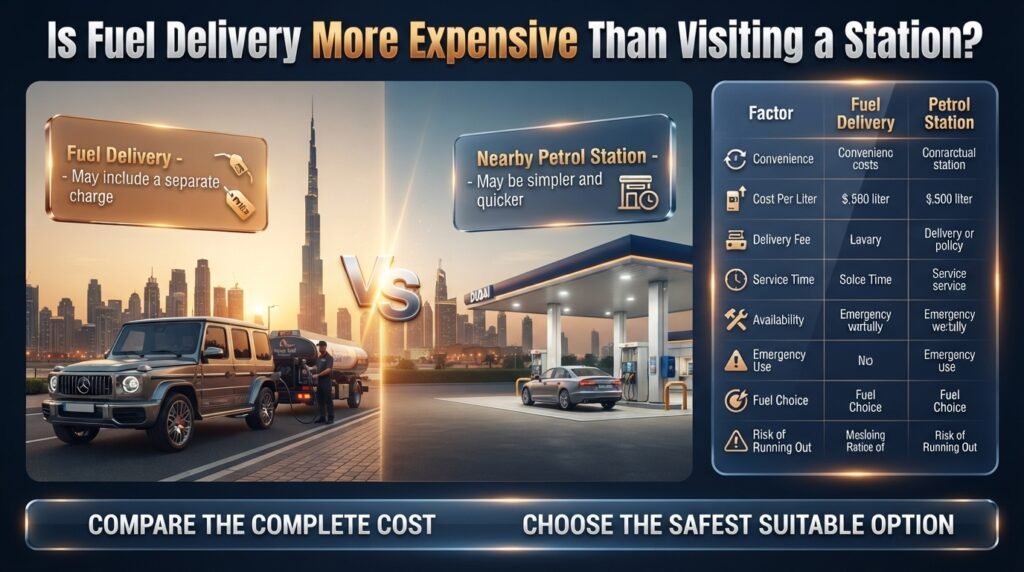 Fuel delivery vs petrol station Dubai infographic comparing convenience, total cost, vehicle condition, availability, waiting time, and safety considerations.