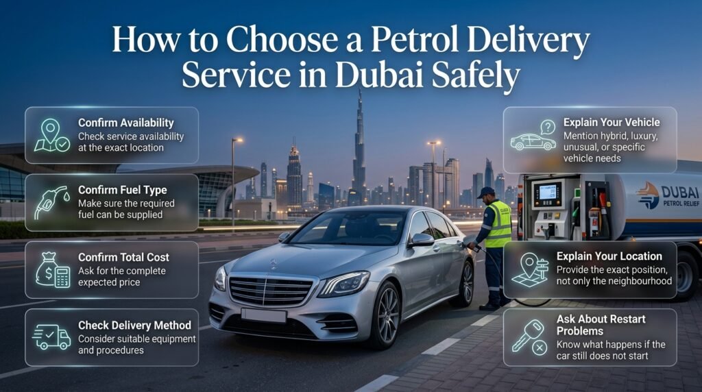 Key checks for choosing a petrol delivery service in Dubai, including fuel type, cost, availability, equipment and vehicle needs.