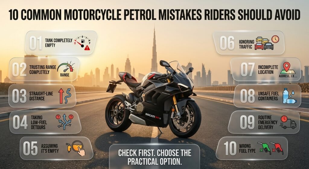 10 common motorcycle petrol mistakes including empty tanks, inaccurate range estimates, detours, unsafe pushing, and wrong fuel.