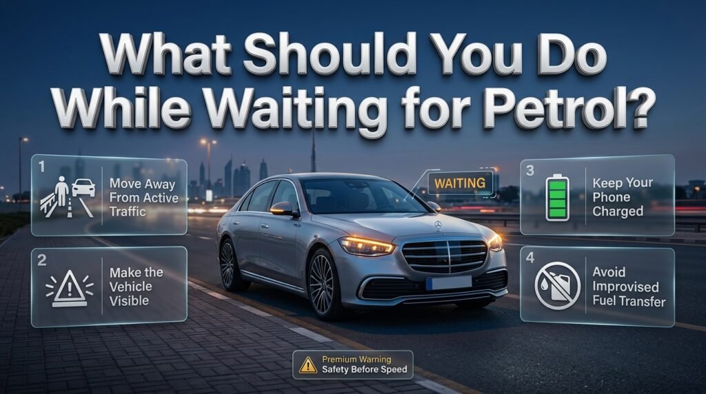 Safe steps while waiting for petrol, including moving away from traffic, staying visible, saving phone battery, and avoiding fuel transfer.