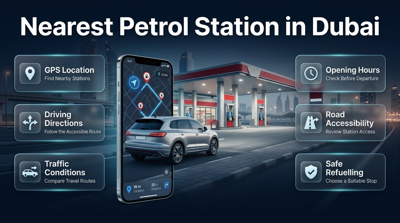 Find the nearest petrol station in Dubai using GPS navigation, driving directions, live traffic, station opening hours, and road access.Nearest Petrol Station in Dubai: Find Nearby Stations Fast