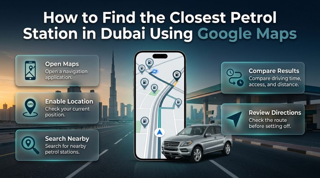 How to find the closest petrol station in Dubai using Google Maps, checking nearby locations, driving routes, estimated travel times, and opening hours.