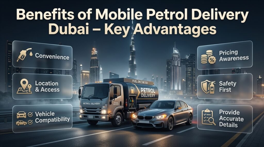 Benefits of mobile petrol delivery Dubai including convenience, fuel assistance for stopped vehicles, less travel and help in unfamiliar areas.