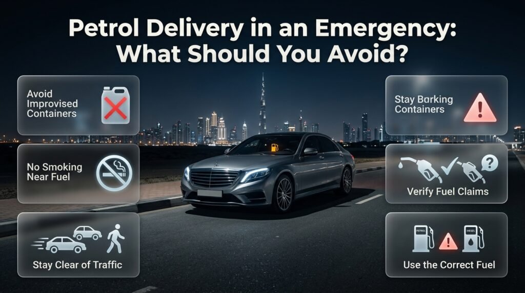 Petrol Delivery in an Emergency guide showing key safety mistakes to avoid when handling fuel during a roadside vehicle emergency.