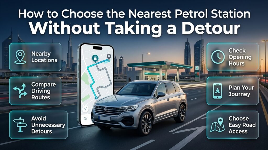 How to choose the nearest petrol station in Dubai by comparing driving distance, route accessibility, traffic, opening hours, and detours.