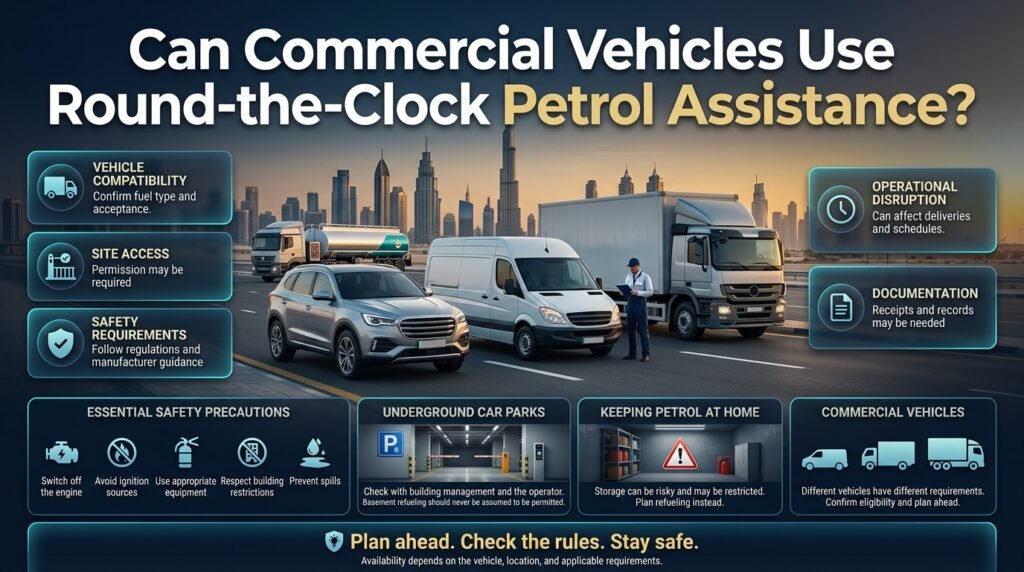 Commercial vehicle petrol assistance in Dubai infographic covering vehicle compatibility, site access, refuelling safety, fleet planning, and petrol storage risks.