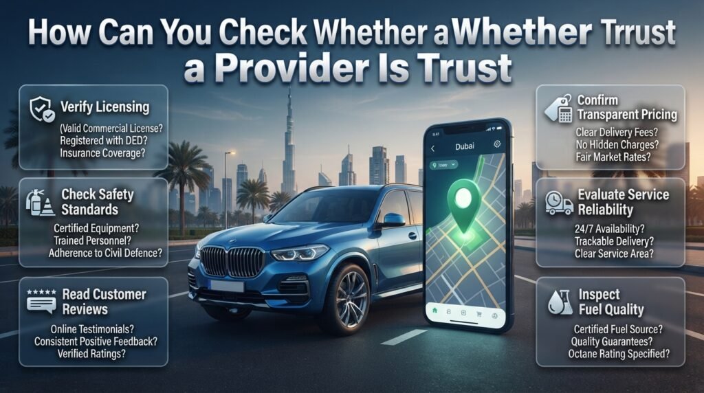 Dubai petrol delivery safety infographic showing provider verification, regulatory compliance, transparent pricing, safe petrol handling, and personal data protection.