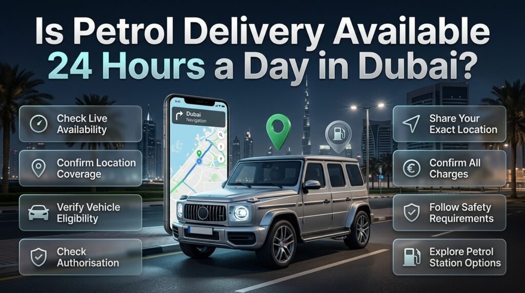 24 hour petrol delivery Dubai guide explaining overnight availability, location coverage, vehicle eligibility, authorised assistance, and petrol station alternatives.