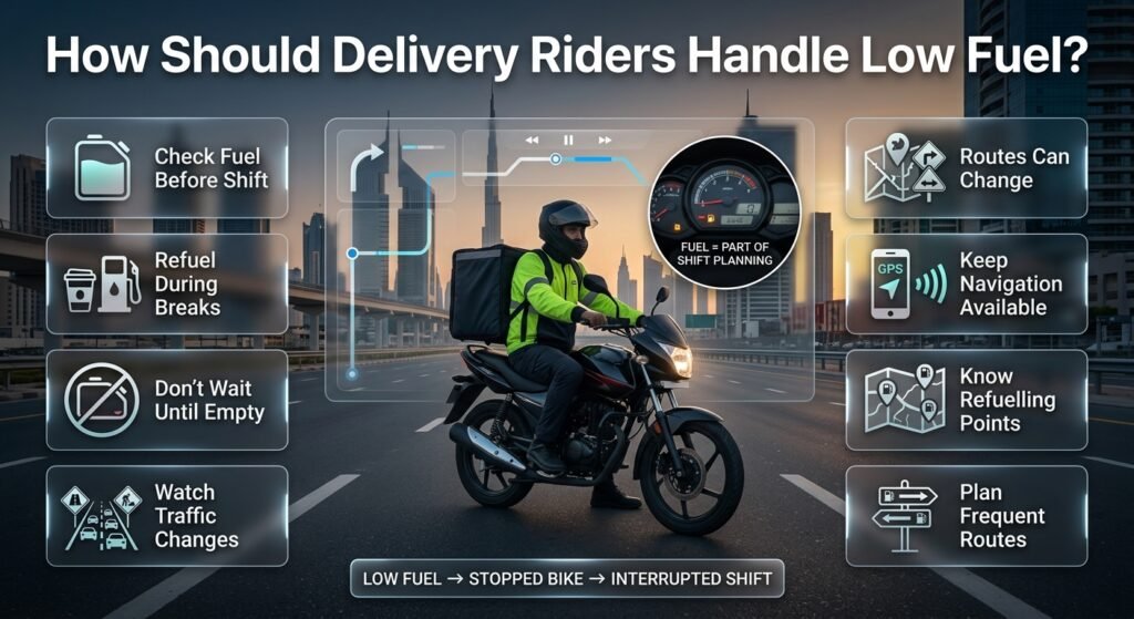 Dubai delivery rider managing low motorcycle fuel with shift planning, timely refuelling, navigation, traffic awareness, and route preparation.