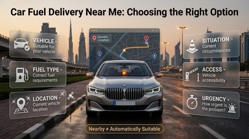 Car fuel delivery near me guide showing how drivers can evaluate vehicle, fuel type, location, access, and urgency.